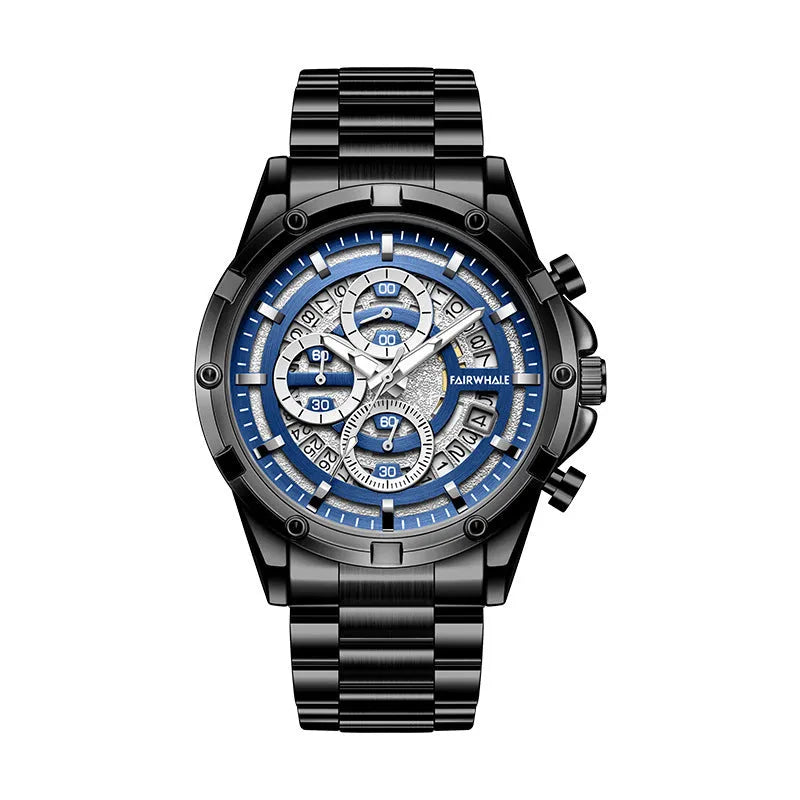 Men's waterproof luminous quartz watch with a steel belt, shown in black, blue, gold, and silver colour options.