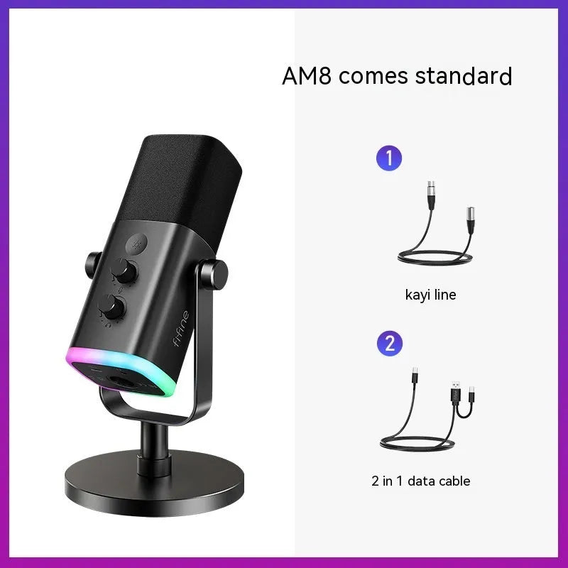 Dynamic cardioid microphone in black with USB-C cable, XLR cable, and adjustable desktop stand