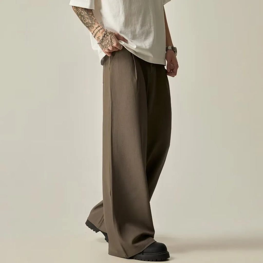 Men's black wide-leg casual trousers with straight-leg design and mid waist