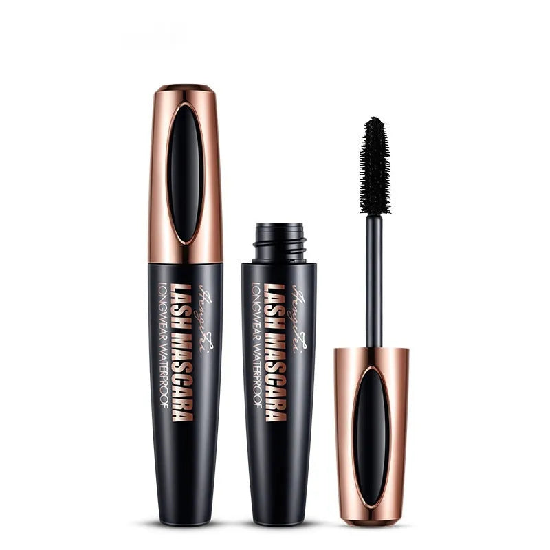 Black waterproof mascara tube showing thick long curling lash effect