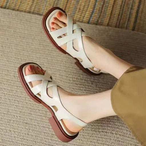 Women's patent leather square toe beach sandals with low heel and rubber soles