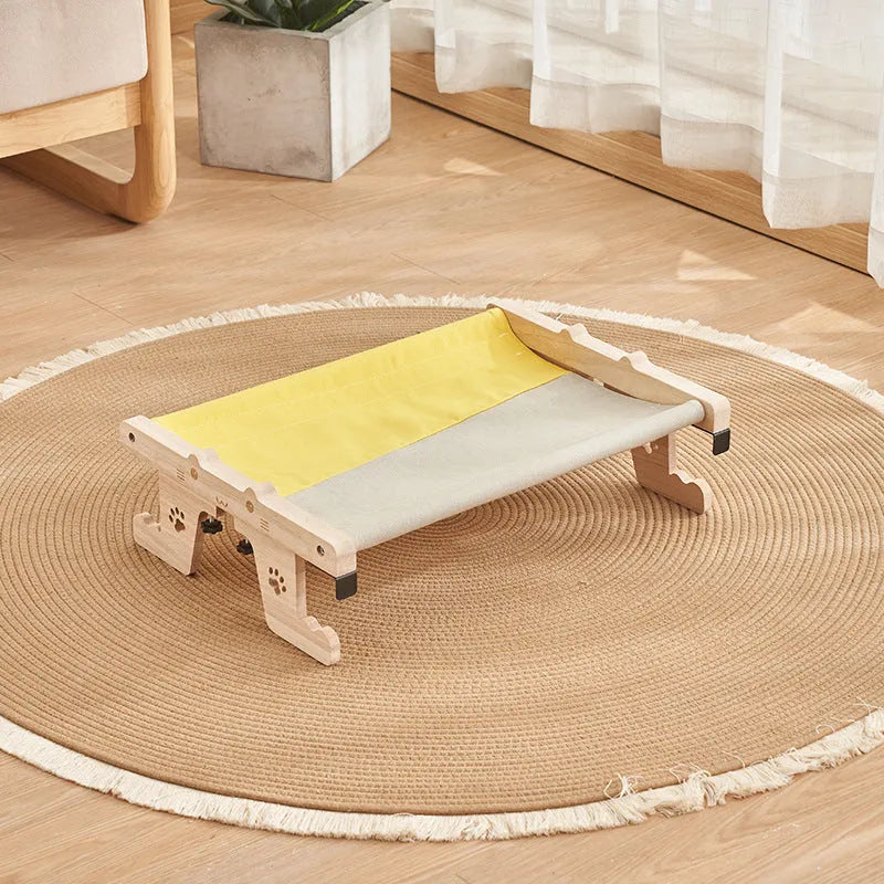 Wooden cat hanging bed hammock mounted on a balcony railing, one of seven available style variations.