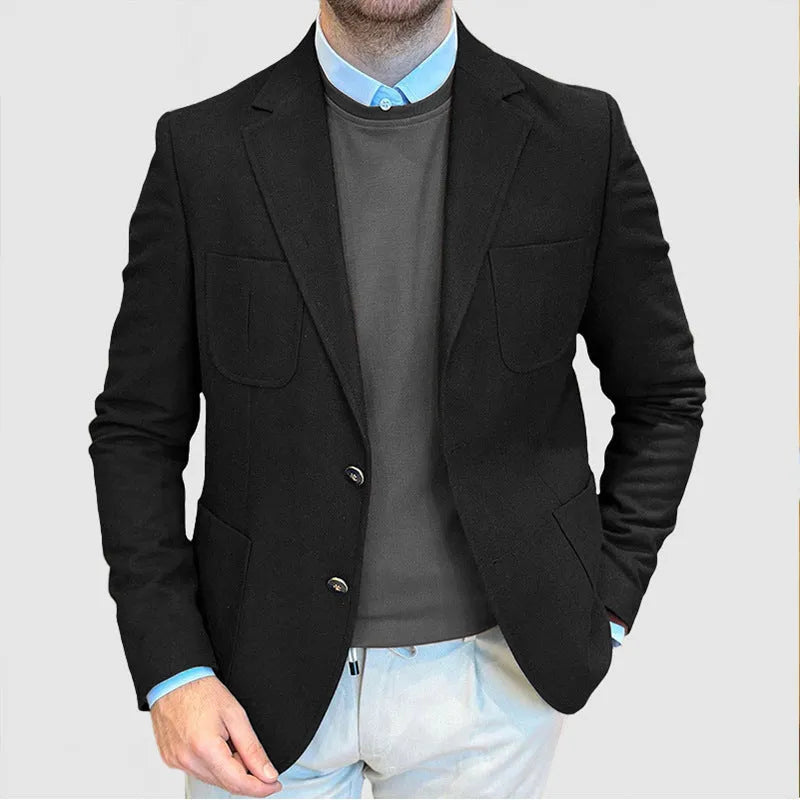 Man wearing a loose-fit army green cotton casual suit jacket.