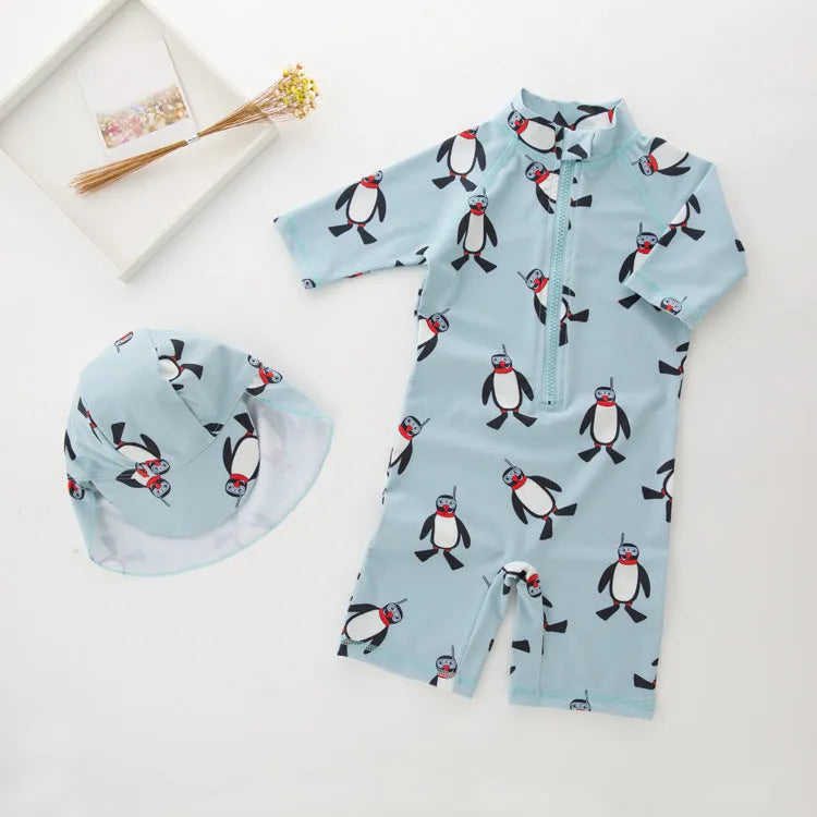 Boys' penguin print long sleeve one-piece swimsuit with matching swimming cap set