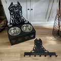 Personalised dog bowl holder with stainless steel bowl and custom name engraving.