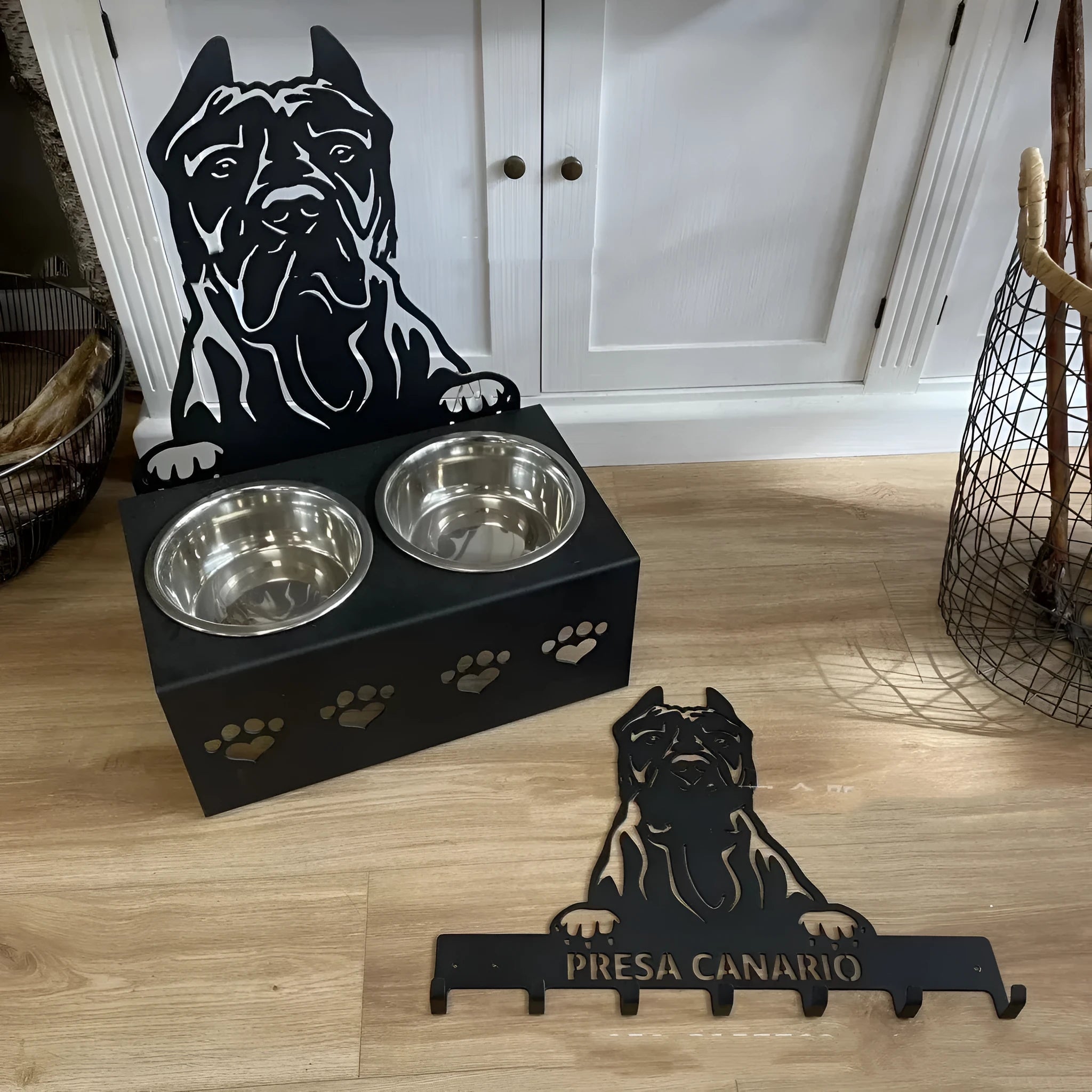 Personalised dog bowl holder with stainless steel bowl and custom name engraving.