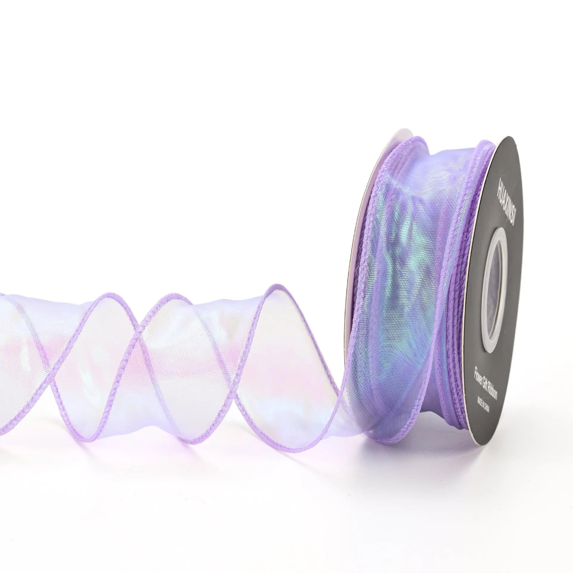 Colourful fishtail yarn floral mesh ribbon in 4cm width showing wave pattern and eight colour options