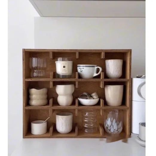 Solid wood square cup storage rack with multiple grid compartments in birch meridian colour