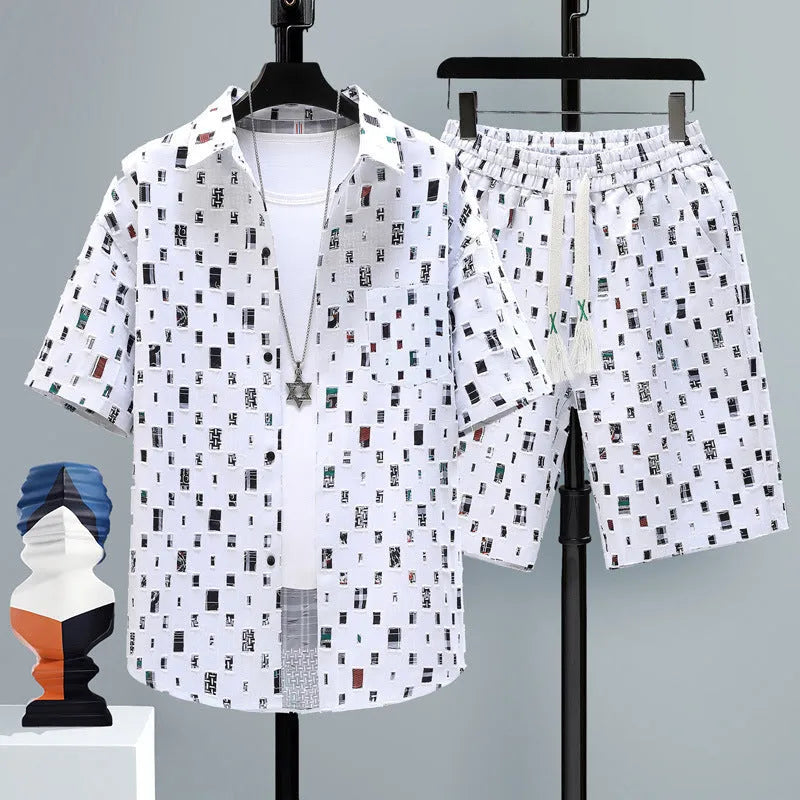 Men's grey casual sports two-piece set with short sleeve top and shorts on a hanger.