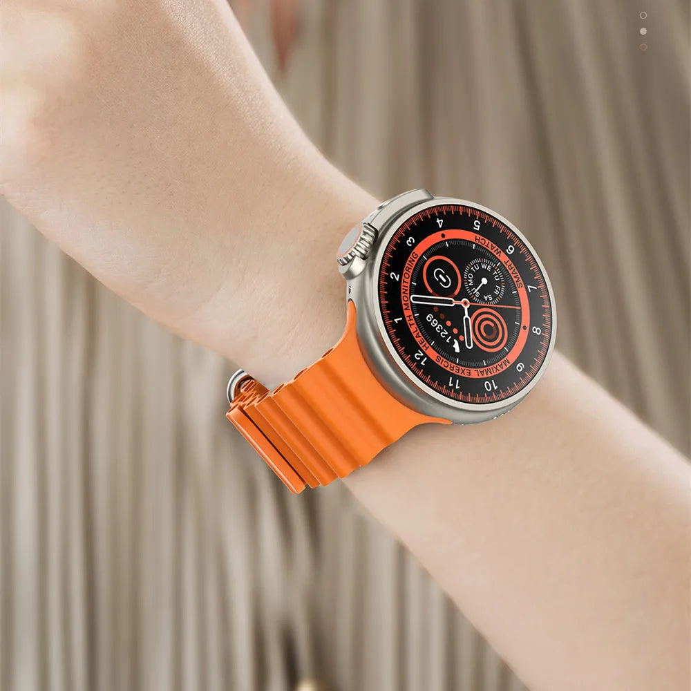 K9 smart watch with 44mm round case and silicone strap showing health metrics on 1.39 inch screen