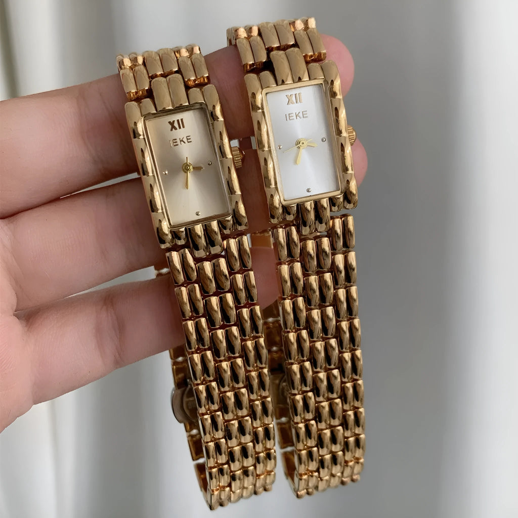 Women's mid-ancient bracelet watch with 7mm thickness and 15mm dial on wrist