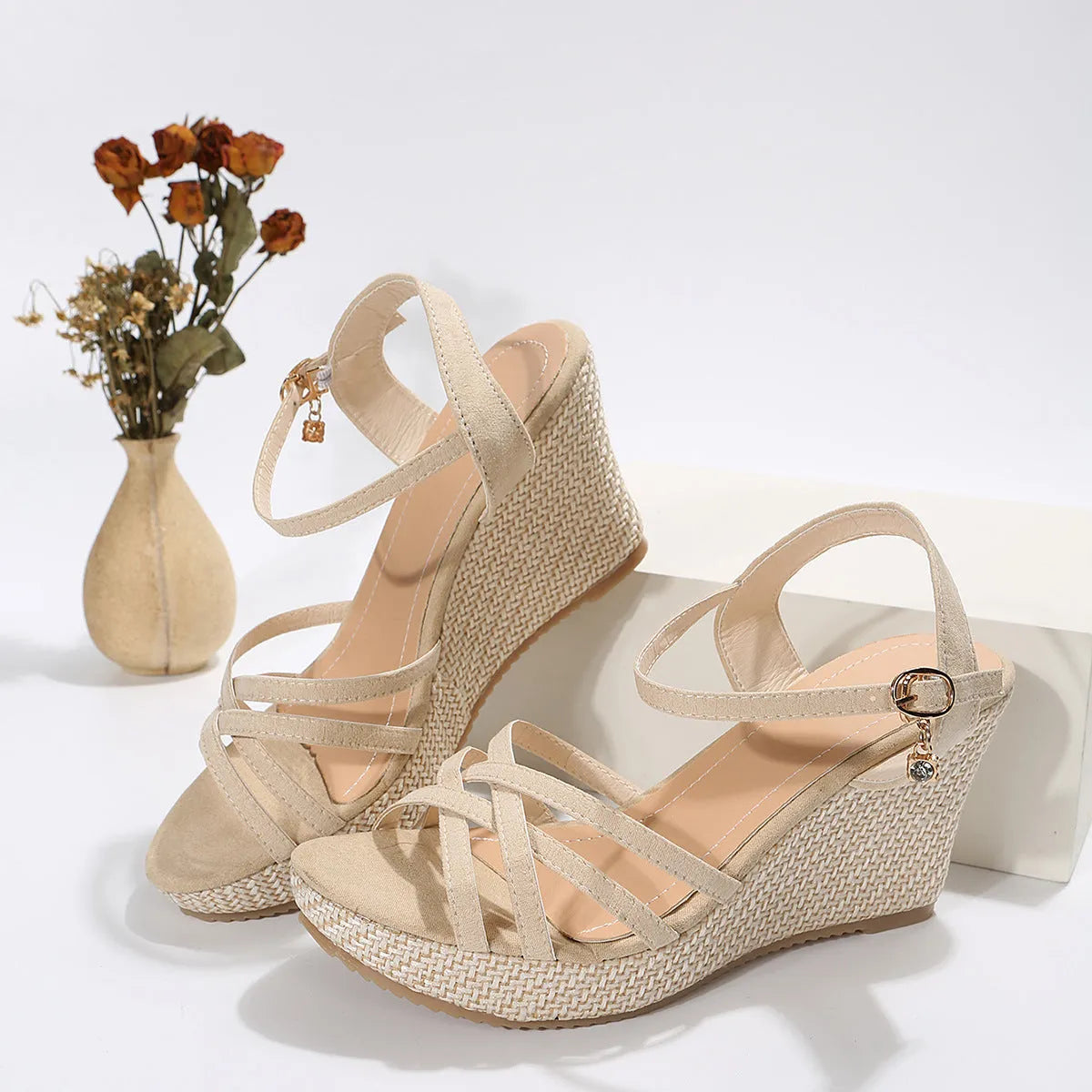 Women's wedge sandals with fish mouth toe design in black or beige cloth upper