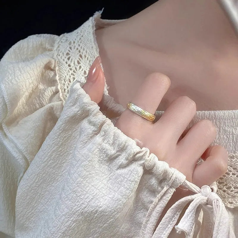 Open-mouth white copper ring with Xiangyun pattern featuring electroplated silver and gold geometric design