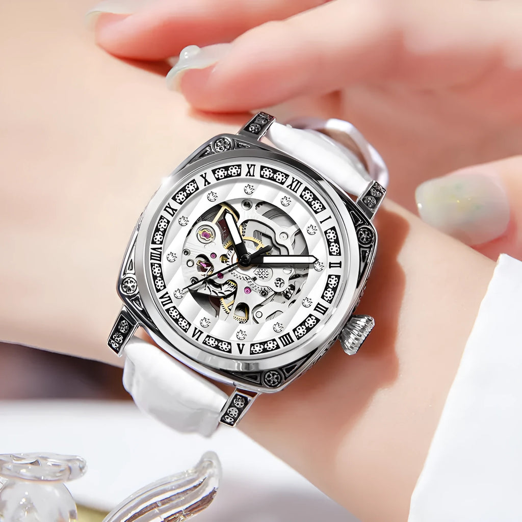 Leather strap mechanical watch with luminous hands showing black dial option