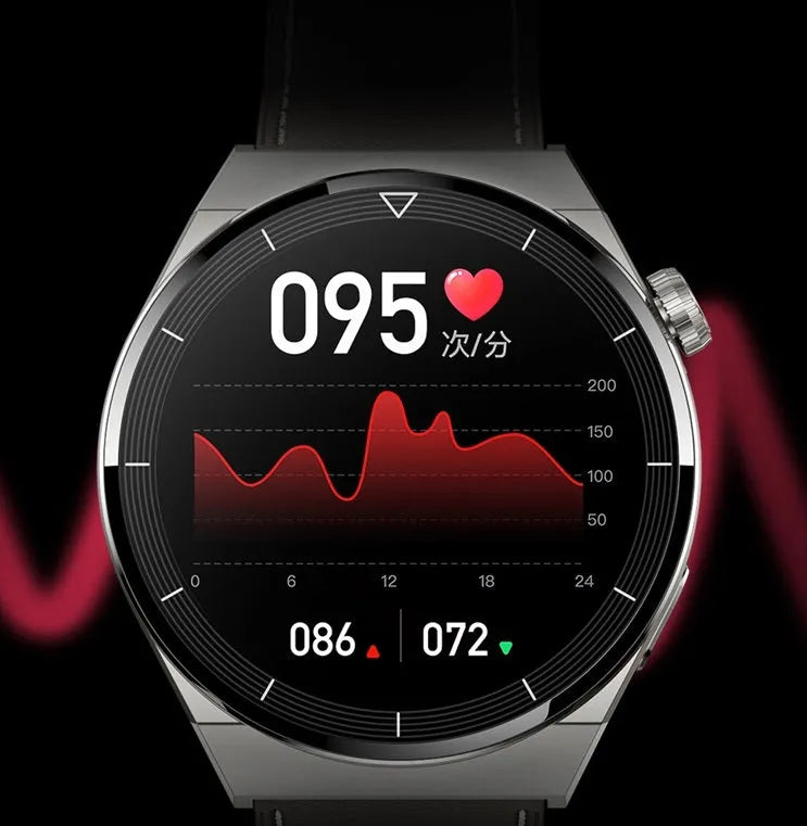 Round dial smart watch with black silicone band on wrist, displaying time and NFC/Bluetooth icons.