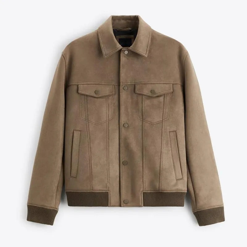 A long-sleeve suede velvet commuter jacket in British style, shown in Mink and Light Grey colour options.