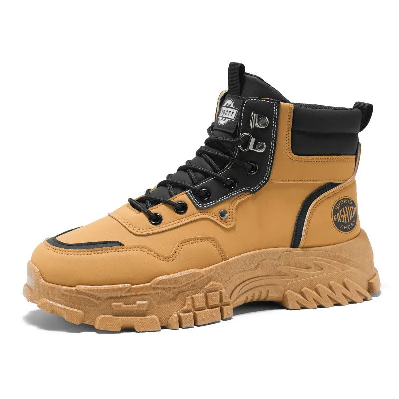 Men's mid-heel Martin boots in black or yellow with artificial PU upper and injection moulded sole