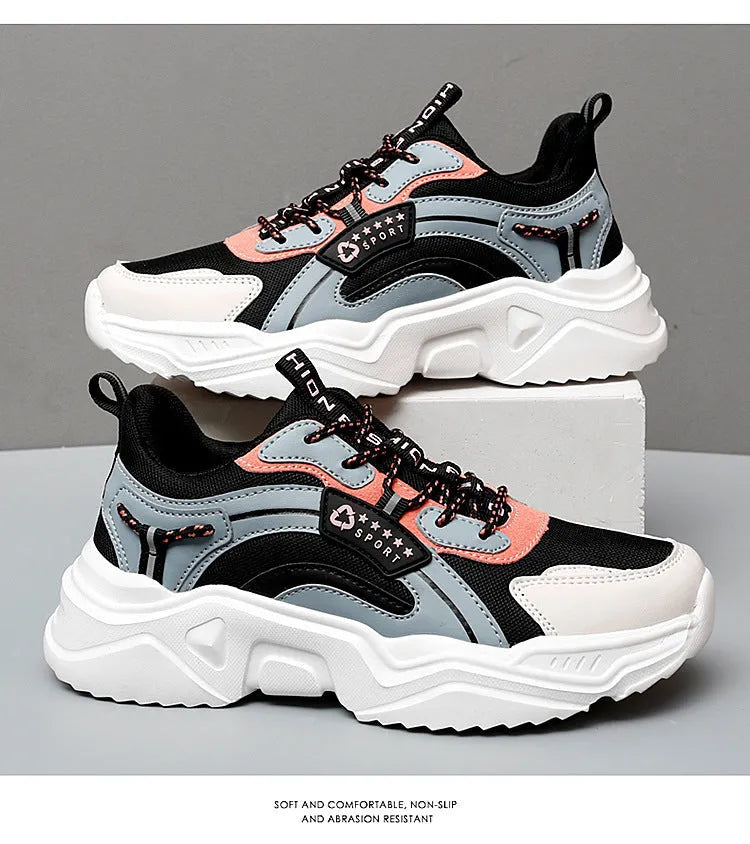 Women's white casual sports shoes with thick sole, mesh upper, buckle detail and round toe