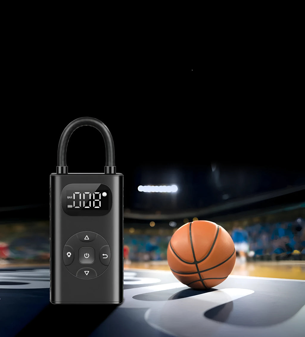 Black portable power bank air compressor for car and motorcycle tyres with USB cable