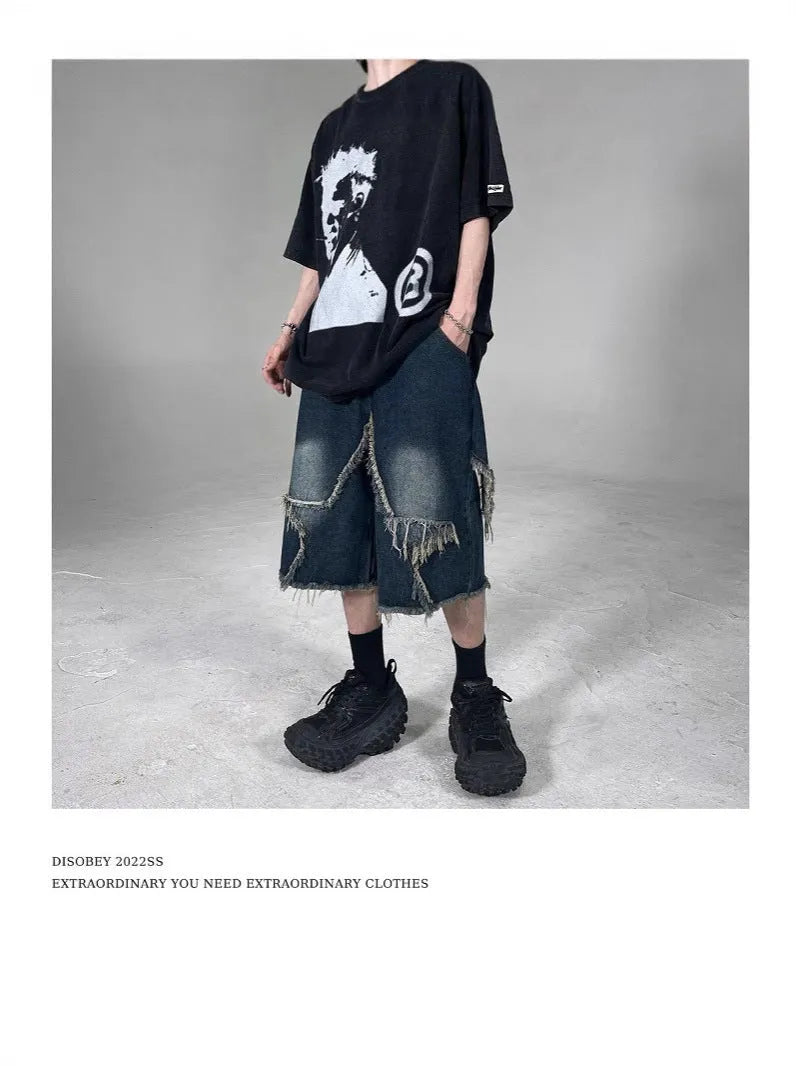 Blue men's denim shorts with frayed five-pointed star design and loose-fit summer styling