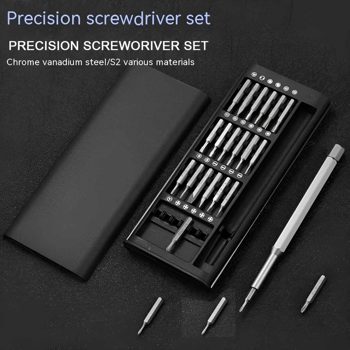 24-in-1 precision magnetic screwdriver tool set with aluminium handle and 4mm bits on a white background.
