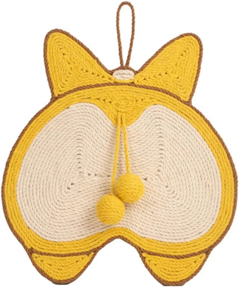 Yellow sisal cat scratching board with Corgi butt design and anti-slip base