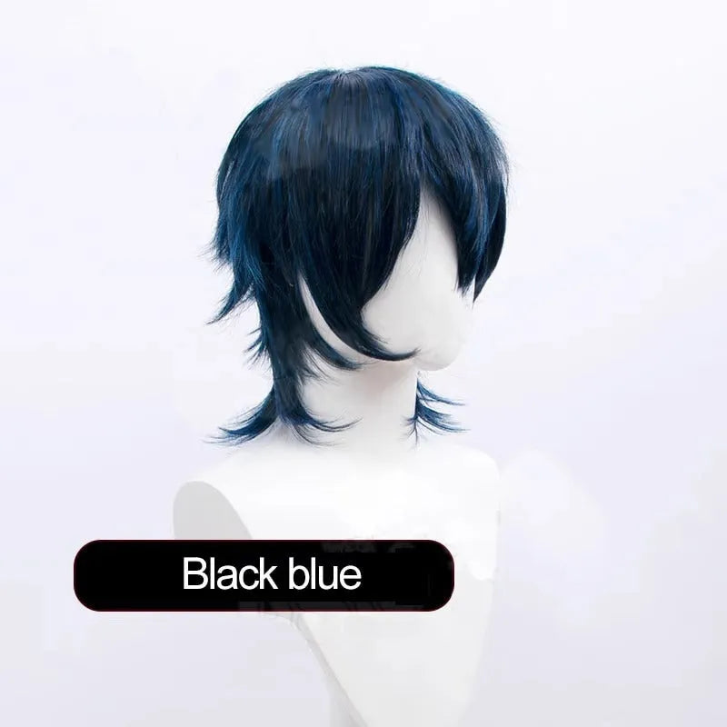Men's short anime cosplay wig in multiple colours made from heat-resistant synthetic fibre