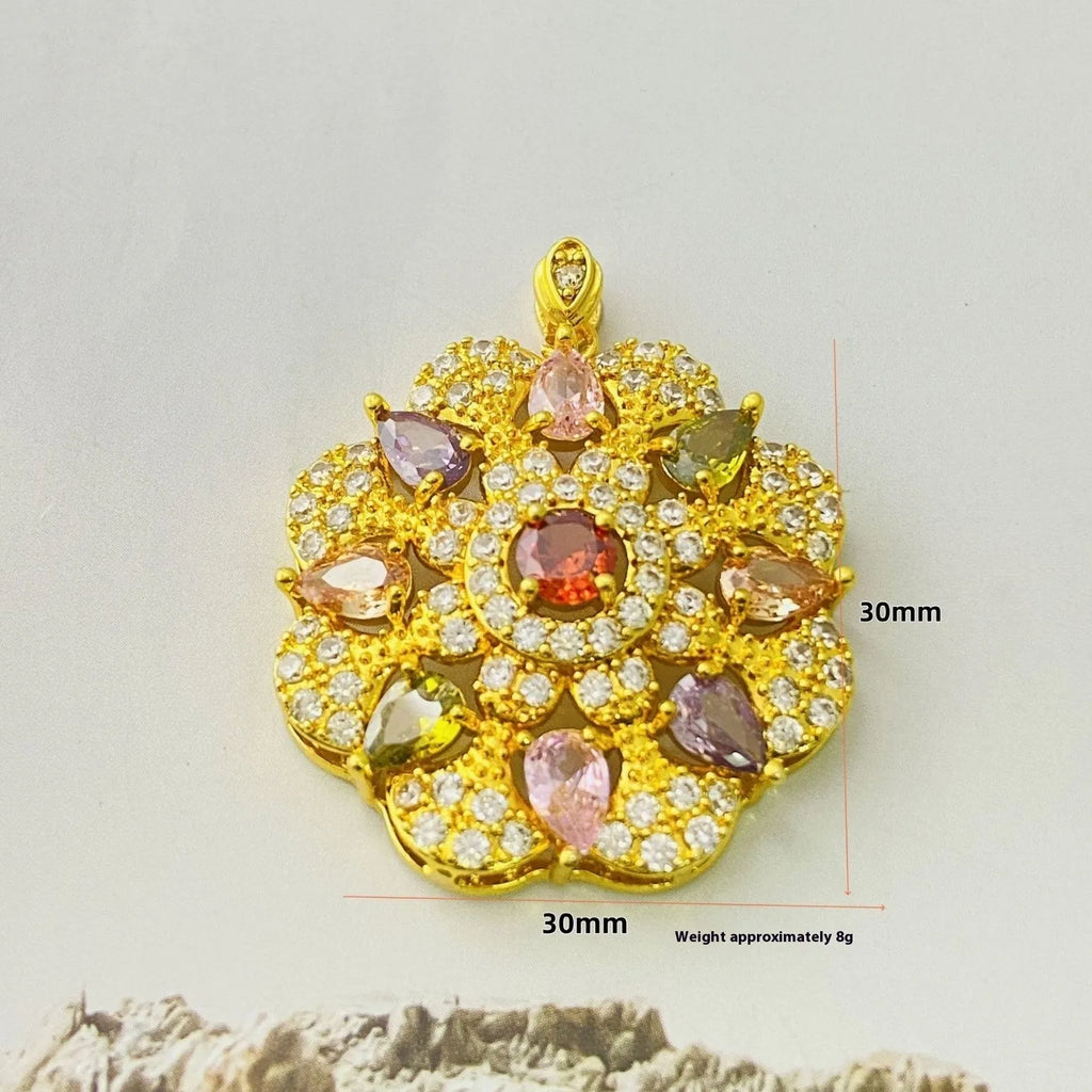 Close-up of a women's floral-shaped zircon pendant necklace in a gold electroplated finish.