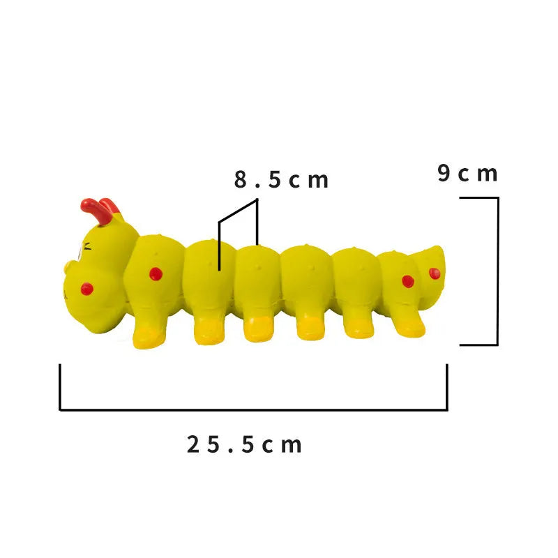 Yellow rubber caterpillar dog squeaky toy measuring 25.5 cm long