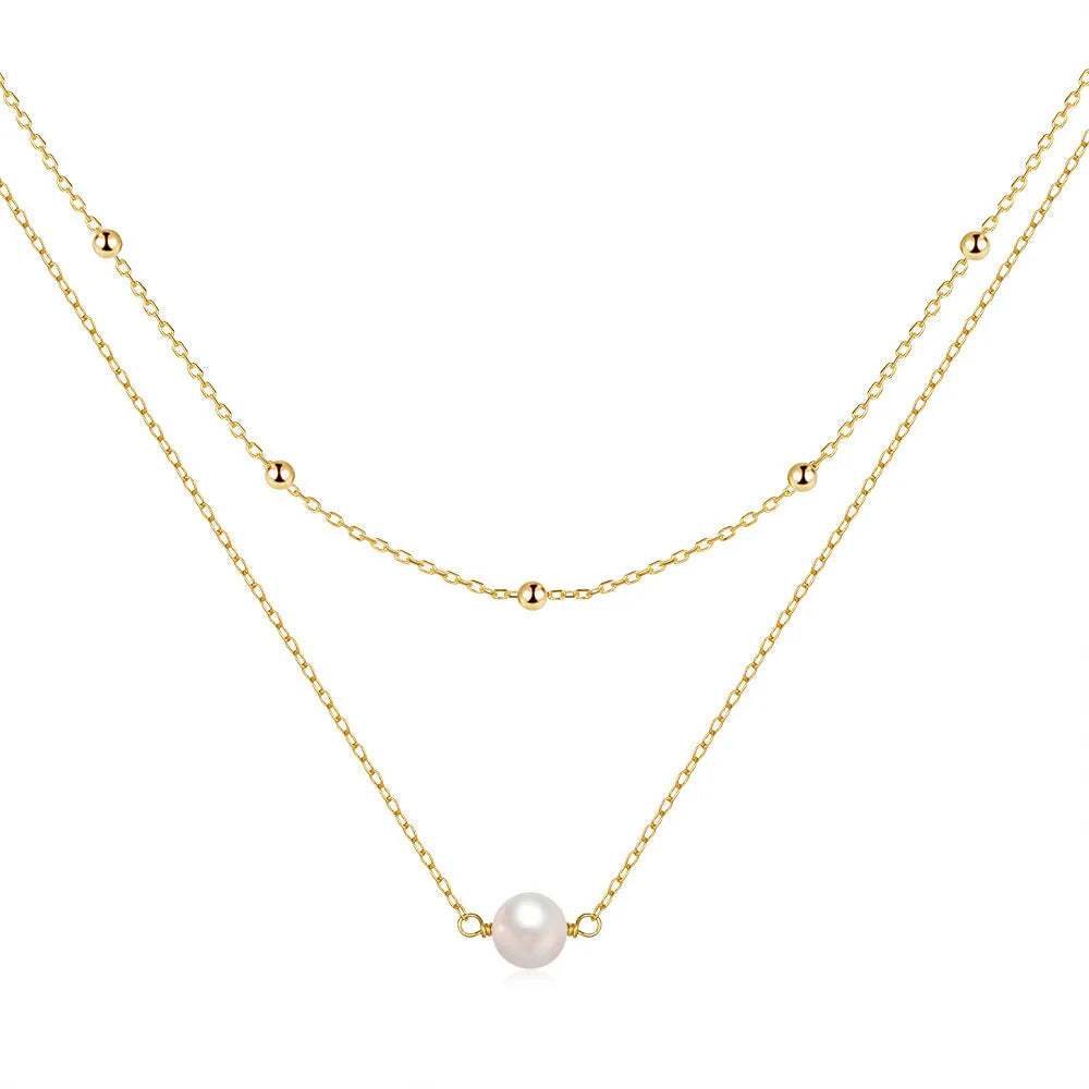 S925 sterling silver double layer necklace with twin pearls on geometric pendant, gold or white gold plating