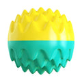 Blue and orange squeaky dog ball toy with spiky texture for dental cleaning
