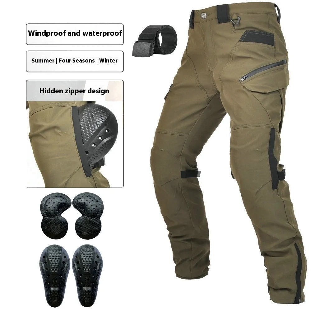 Men's black waterproof motorcycle cycling trousers with protective gear on a mannequin