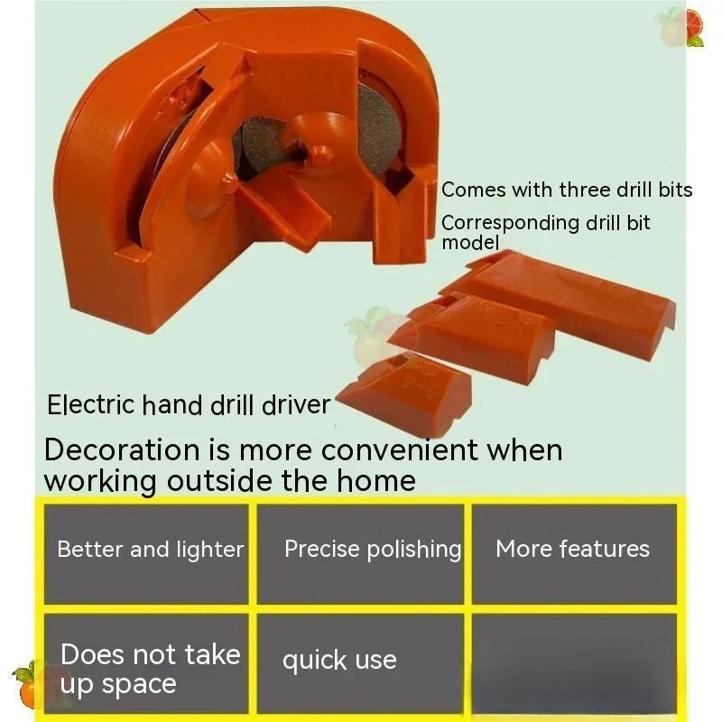 Portable grinding sander with orange and black replacement wheels for universal drill attachment