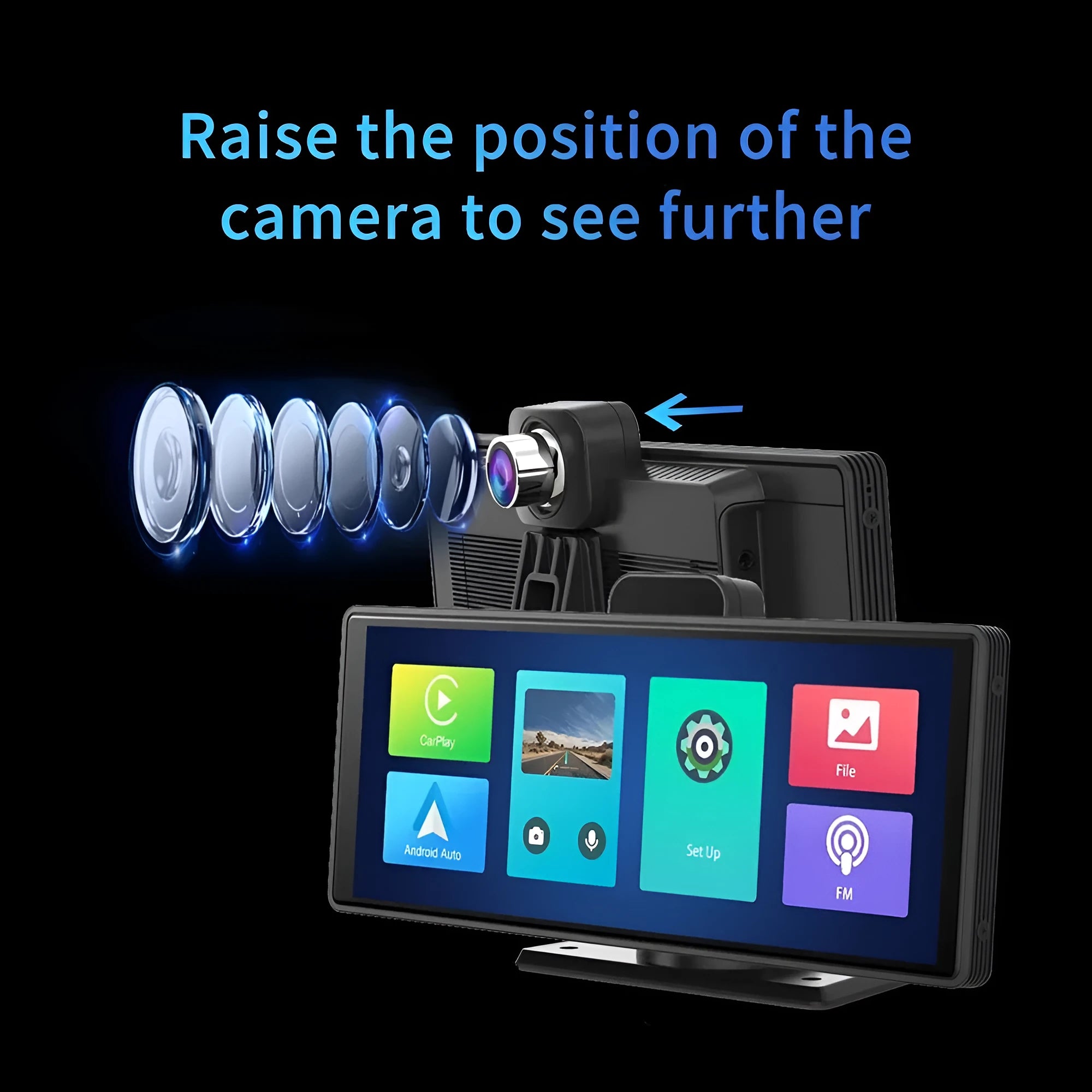 10.26-inch car dash camera with touch screen, front and rear recording cameras, and parking monitor display.