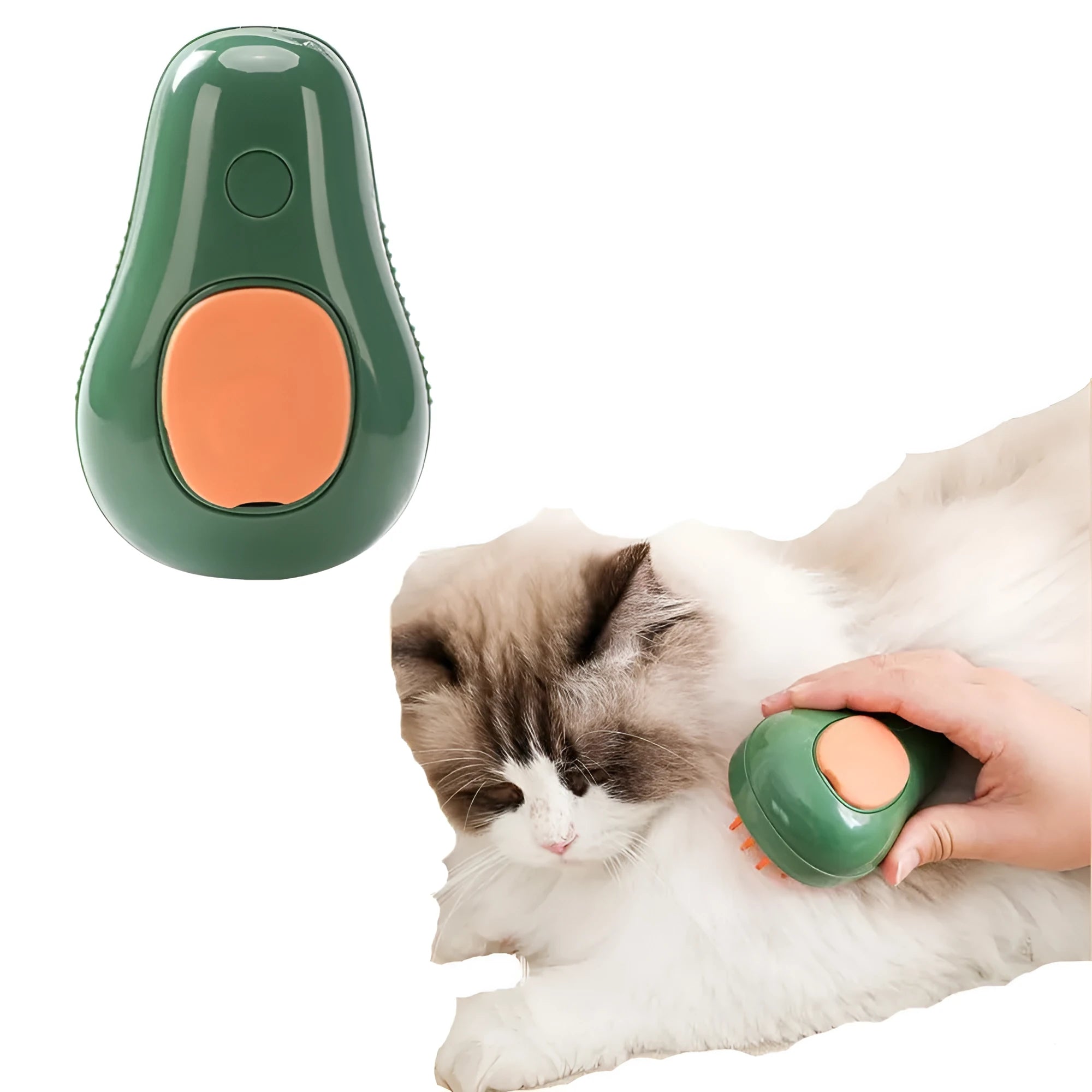Green and white rechargeable cat steam brush with water spray nozzle and soft silicone teeth.
