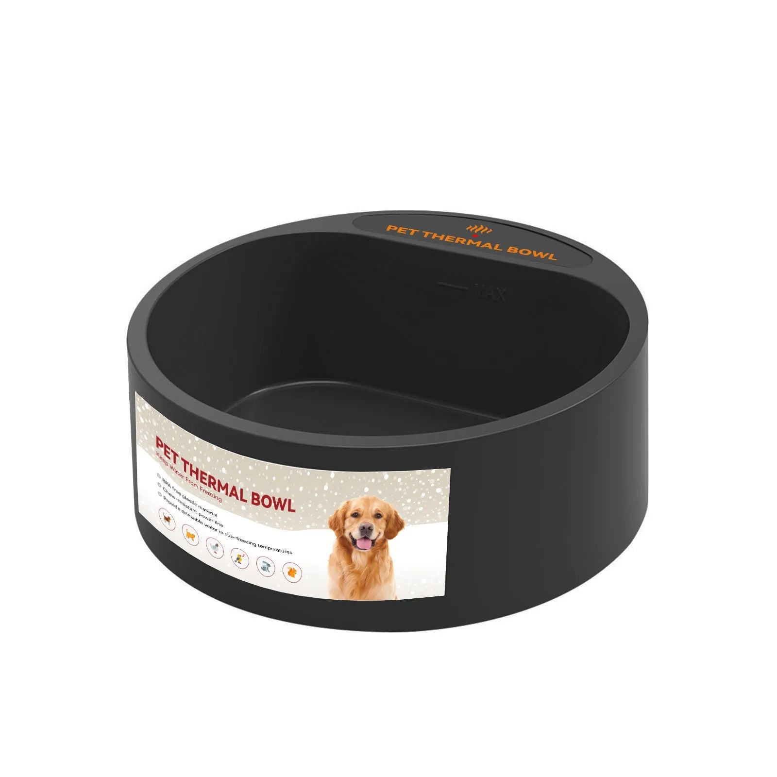 Black ABS pet heating bowl with constant temperature function, 2.2L capacity.