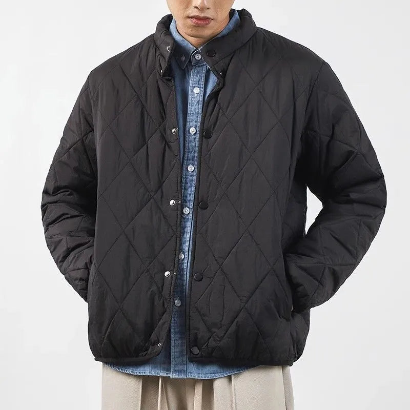 Men's black diamond lattice patterned cotton-padded winter jacket with loose fit and lengthened 100cm design