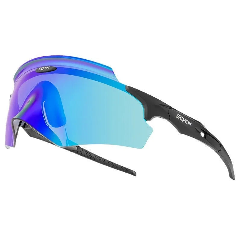 Frameless windproof athletic glasses with a colourful integrated lens for sports.