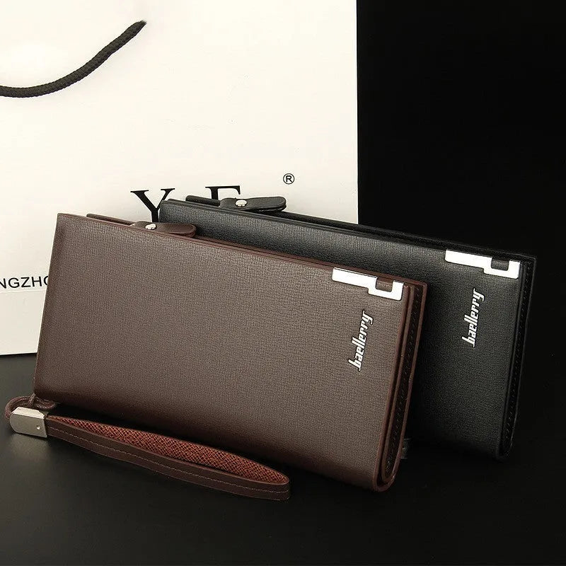 Men's long black PU leather wallet with a prominent silver zipper closure.