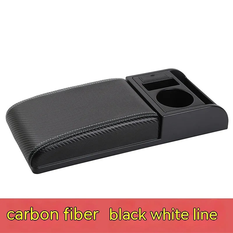 Universal plastic car armrest cover shown in black with red cord pattern on a car centre console.