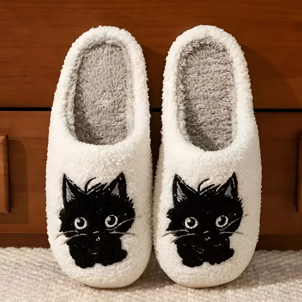 White cartoon black beard cat couple plush cotton slippers with non-slip TPR soles for indoor wear