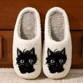 White cartoon black beard cat couple plush cotton slippers with non-slip TPR soles for indoor wear