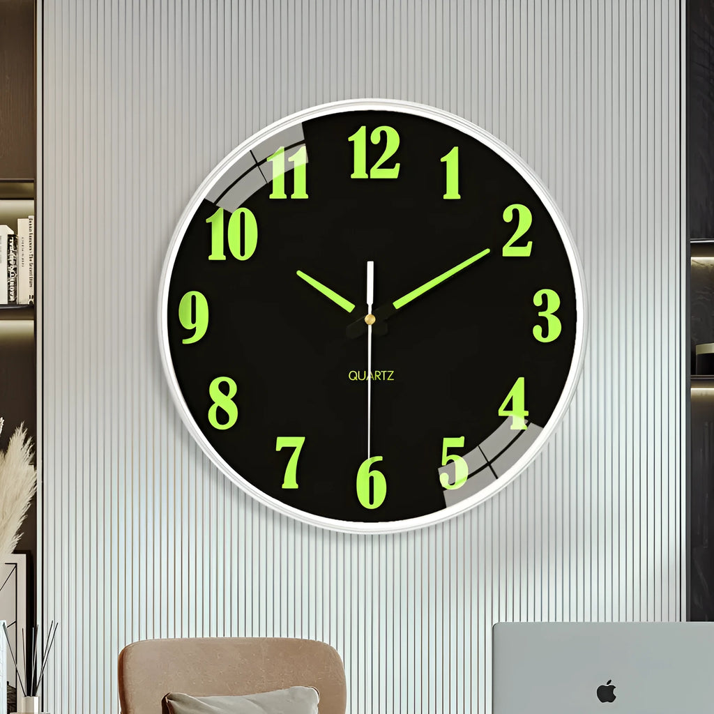 20cm diameter modern wall clock with luminous dial showing plastic construction and contemporary design