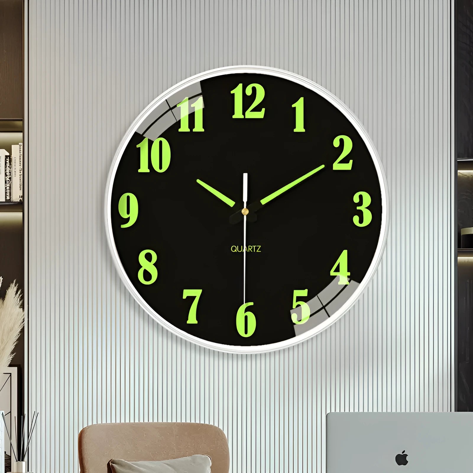 20cm diameter modern wall clock with luminous dial showing plastic construction and contemporary design
