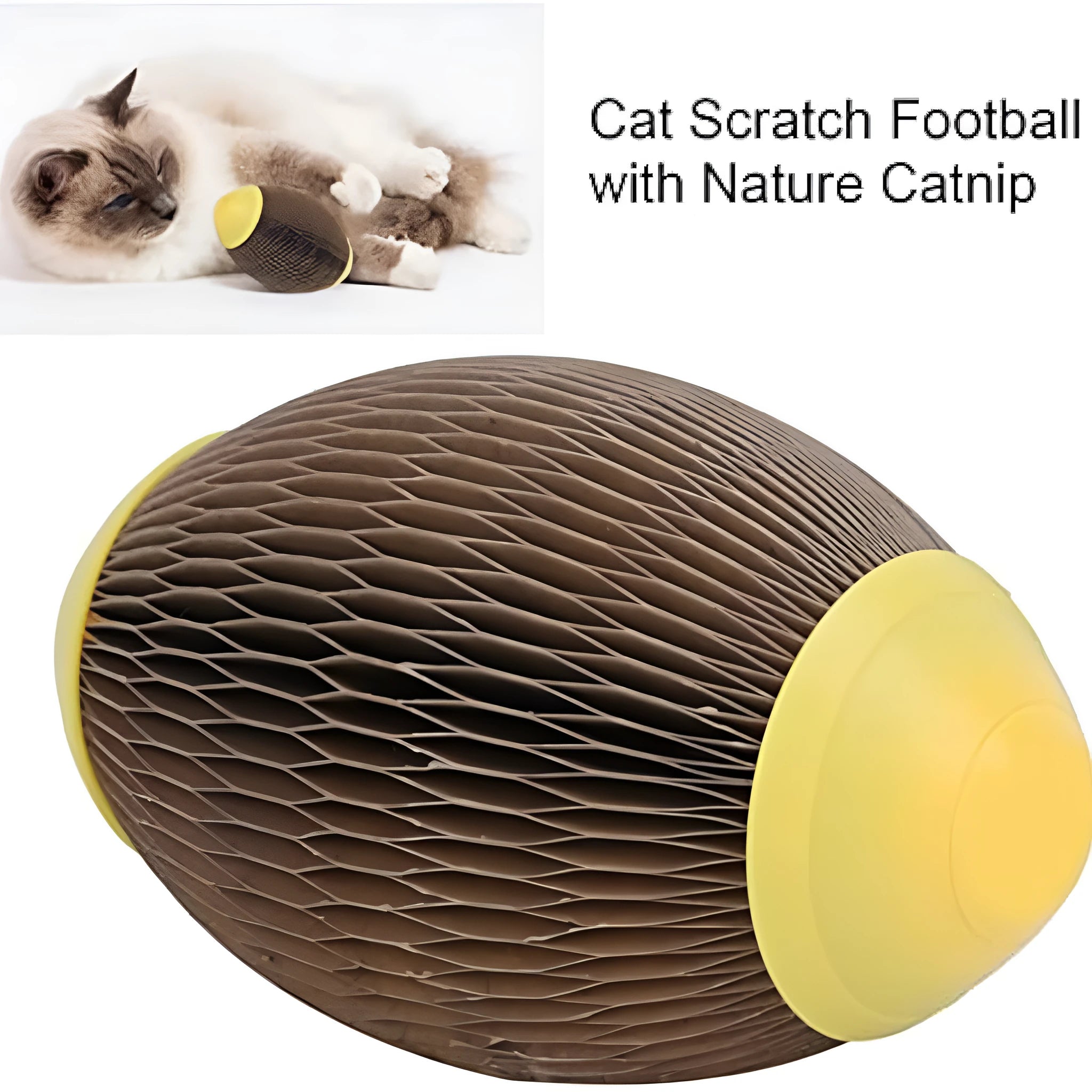 Ellipse‑shaped corrugated paper catnip football toy for cats with scratch surface