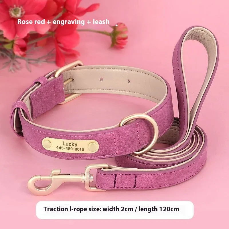 Double-layer leather dog collar and matching lead in rose red, brown, or blue for small to extra large dogs.