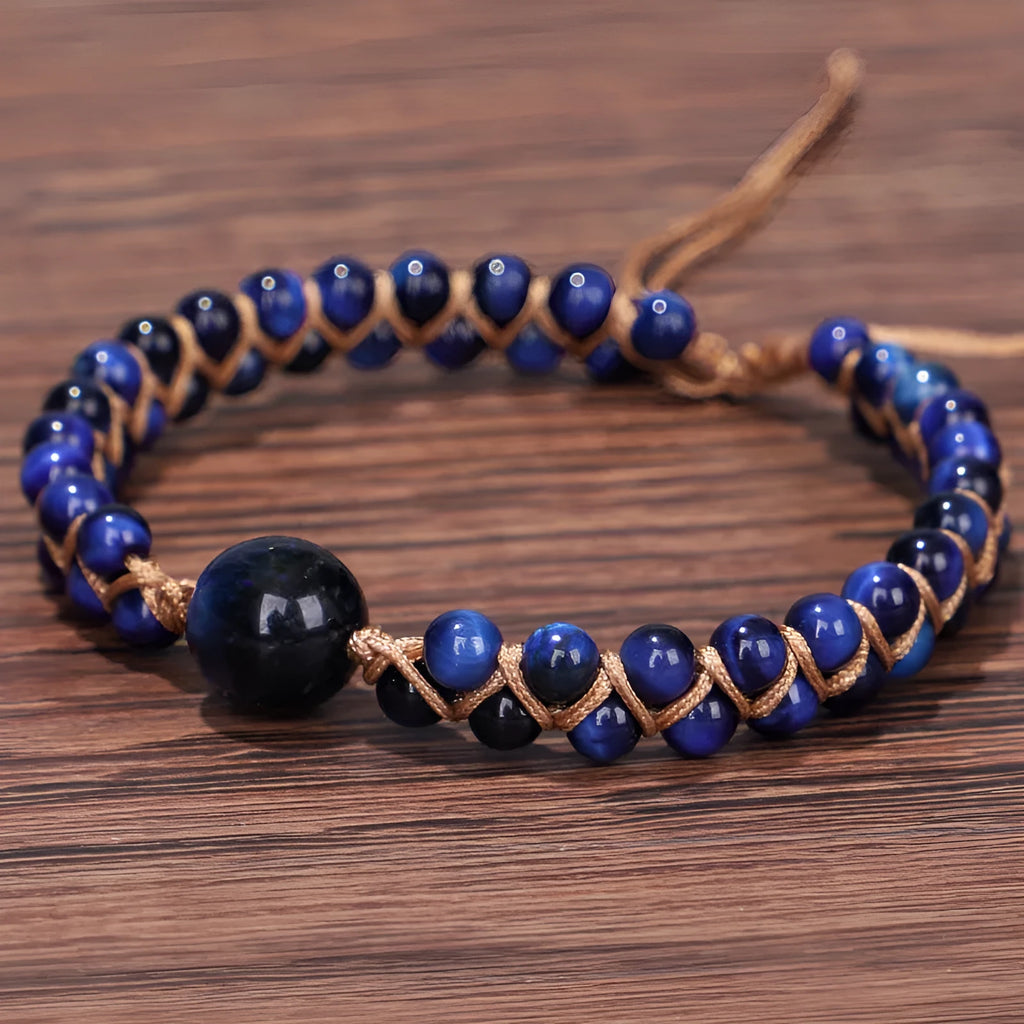 Handmade woven pull bracelet with geometric pattern and gemstone beads in blue Tigereye or Amethyst