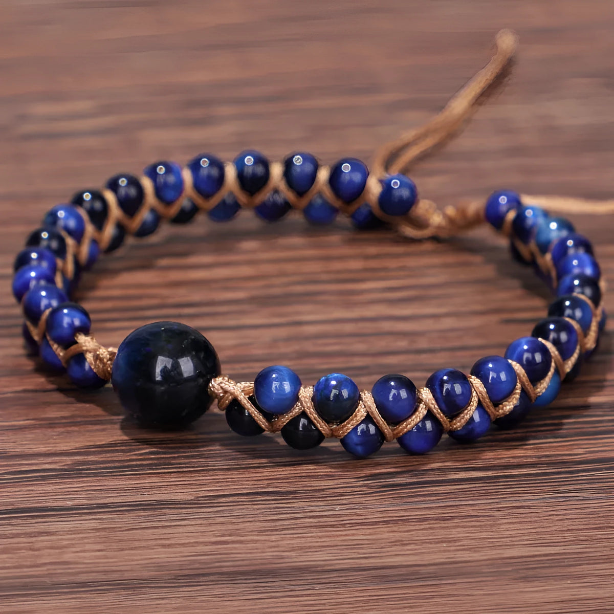 Handmade woven pull bracelet with geometric pattern and gemstone beads in blue Tigereye or Amethyst