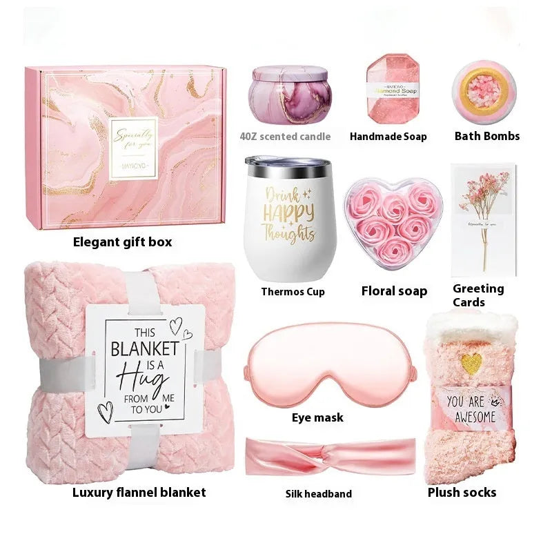 Modern aromatherapy bath gift set in plastic container with candle, soap, and bath products