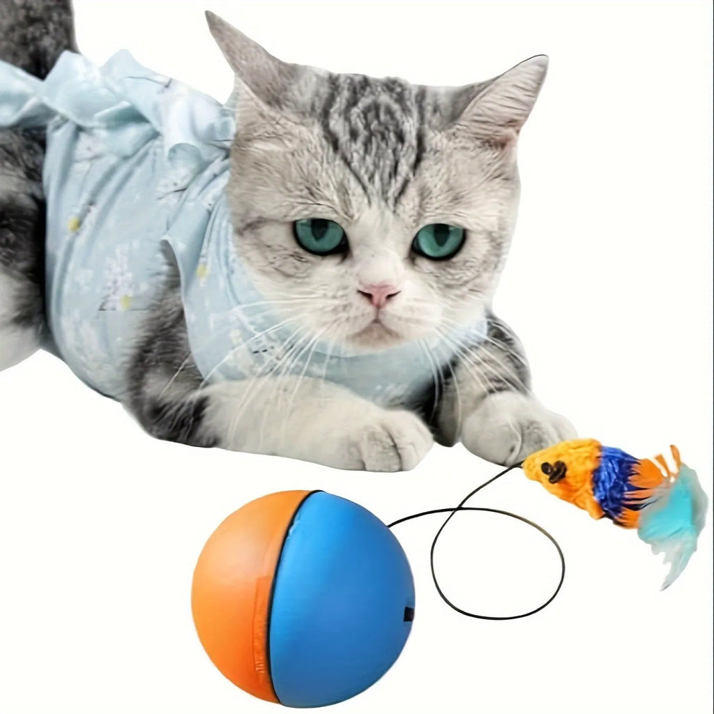 Blue and orange interactive plush mouse cat toy shown with a ball shape, measuring 8.5 cm.